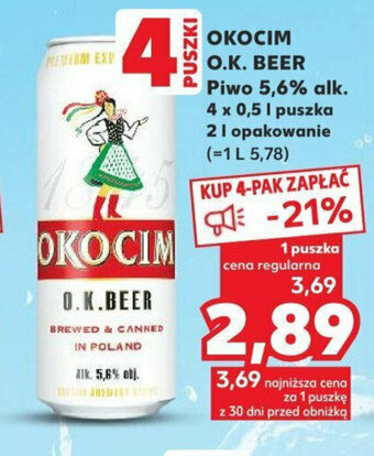 Kaufland OKOCIM O.K. BEER Piwo 5,6% alk. 4 x 0,5 l puszka 2 l oferta