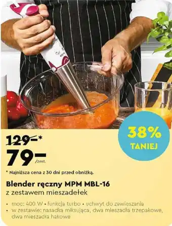 Biedronka Blender ręczny MPM MBL-16 z zestawem mieszadełek oferta