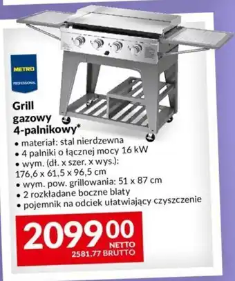 Grill gazowy 4-palnikowy wym. pow. grillowania: 51 x 87 cm