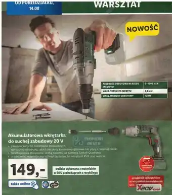 Lidl Akumulatorowa wkrętarka do suchej zabudowy 20 V oferta
