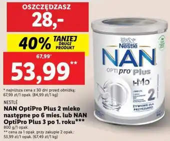 Lidl NESTLÉ NAN OptiPro Plus 2 mleko następne po 6 mies. lub NAN OptiPro Plus 3 po 1. roku 800 g/1 opak. oferta