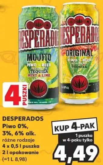 Kaufland DESPERADOS Piwo 0%, 3%, 6% alk. 4 x 0,5 l puszka 2l opakowanie oferta