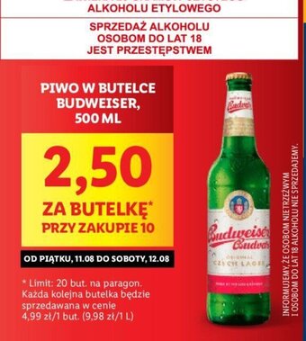 Lidl PIWO W BUTELCE BUDWEISER, 500 ML 2,50 ZA BUTELKĘ* PRZY ZAKUPIE 10 oferta