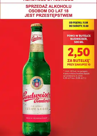 Lidl PIWO W BUTELCE BUDWEISER, 500 ML 2,50 ZA BUTELKĘ PRZY ZAKUPIE 10 oferta