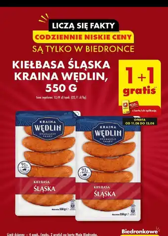 Biedronka KIEŁBASA ŚLĄSKA KRAINA WĘDLIN 550 G, 1+1 gratis oferta