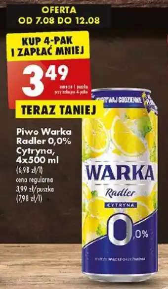 Biedronka Warka Piwo Radler 0,0% Cytryna, 4x500 ml oferta