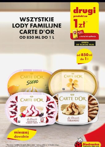 Biedronka WSZYSTKIE LODY FAMILIJNE CARTE D'OR OD 850 ML DO 1 L drugi produkt za 1zł ** oferta