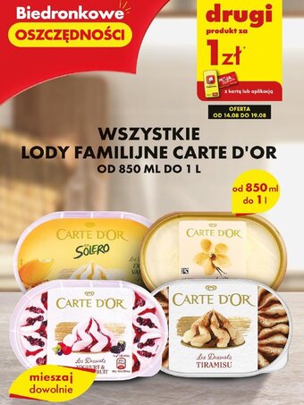 Biedronka WSZYSTKIE LODY FAMILIJNE CARTE D'OR 850ml-1l oferta