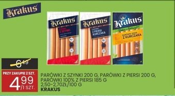 Wafelek PARÓWKI Z SZYNKI 200 G, PARÓWKI Z PIERSI 200 G, PARÓWKI 100% Z PIERSI 185 G KRAKUS oferta