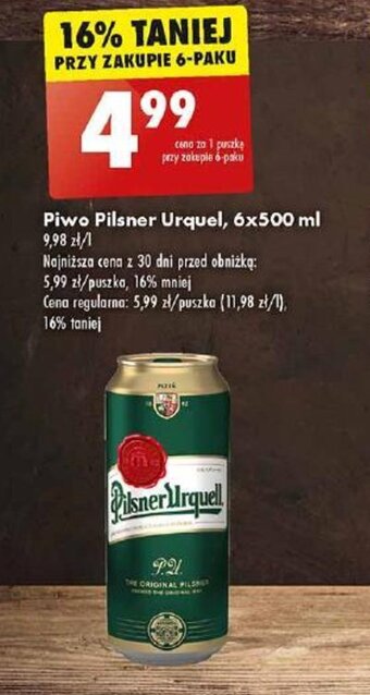 Biedronka Piwo Pilsner Urquel, 6x500 ml oferta
