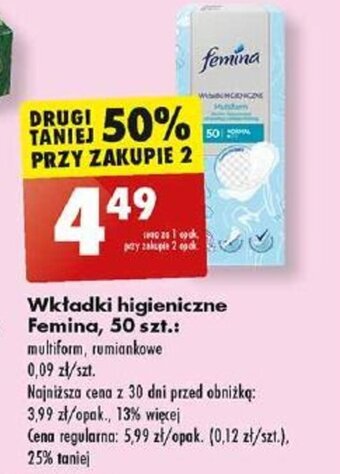 Biedronka Wkładki higieniczne femina, 50 szt. oferta