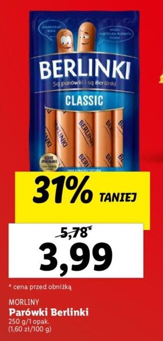 Lidl MORLINY Parówki Berlinki 250 g oferta