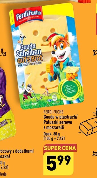 ALDI FERDI FUCHS Gouda w plastrach/ Paluszki serowe z mozzarelli 80g oferta