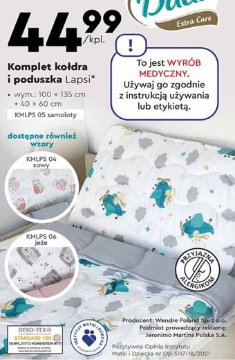 Biedronka Komplet kołdra i poduszka Lapsi 100x135cm oferta