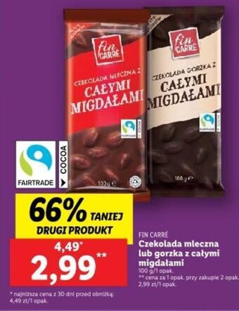 Lidl FIN CARRÉ Czekolada mleczna lub gorzka z całymi migdałami 100 g oferta