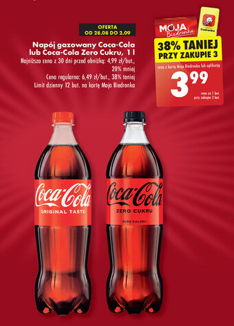 Biedronka Napój gazowany Coca-Cola lub Coca-Cola Zero Cukru, 1l oferta