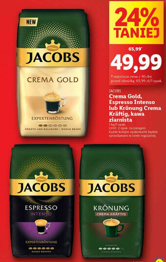 Lidl JACOBS Crema Gold Espresso Intenso lub Krönung Crema Kräftig kawa ziarnista 1kg oferta