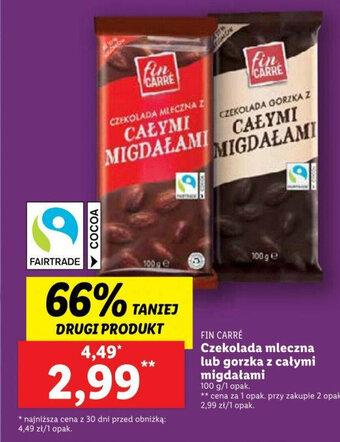 Lidl FIN CARRÉ Czekolada mleczna lub gorzka z całymi migdałami 100g oferta