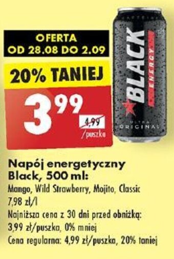 Biedronka Napój energetyczny Black, 500 ml: Mango, Wild Strawberry, Mojito, Classic oferta
