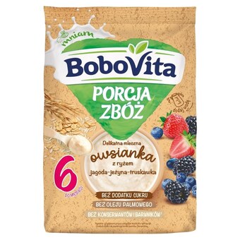 Biedronka Bobovita porcja zbóż delikatna mleczna owsianka z ryżem jagoda-jeżyna-truskawka po 6 miesiącu 210 g oferta