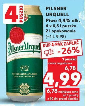Kaufland PILSNER URQUELL Piwo 4,4% alk. 4 x 0,5 l 2 l oferta