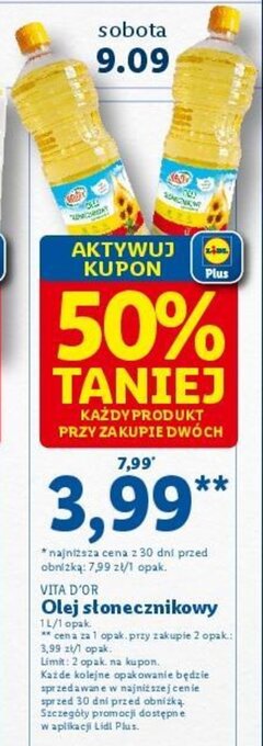 Lidl VITA D'OR Olej słonecznikowy 1 l oferta
