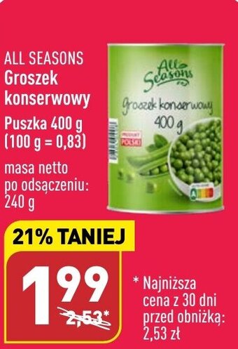 ALDI ALL SEASONS Groszek konserwowy 400 g oferta