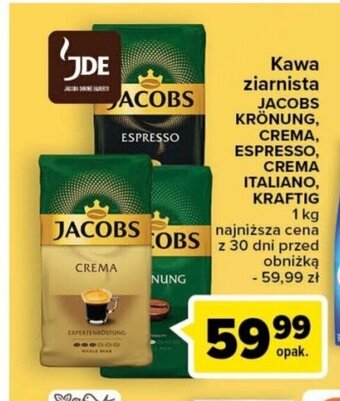 Carrefour Kawa ziarnista JACOBS KRÖNUNG, CREMA, ESPRESSO, CREMA ITALIANO, KRAFTIG 1 kg oferta