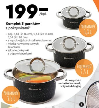 Biedronka Komplet 3 garnków z pokrywkami AMBITION oferta