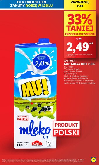 Lidl MU! Mleko UHT 2,0% 1 l oferta