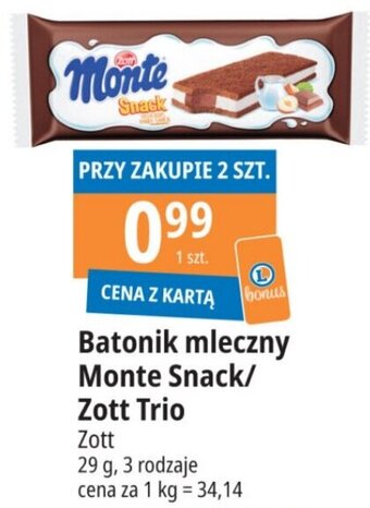 E.Leclerc Batonik mleczny Monte Snack/Zott Trio 29g oferta