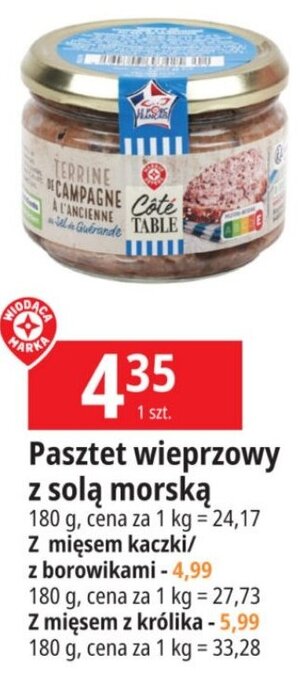 E.Leclerc Pasztet wieprzowy z solą morską 180 Z mięsem z królika - 5,99 180 g, cena za 1 kg = 33,28 oferta