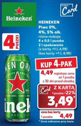 Kaufland HEINEKEN Piwo 0%, 4%, 5% alk. 4 x 0,5l oferta