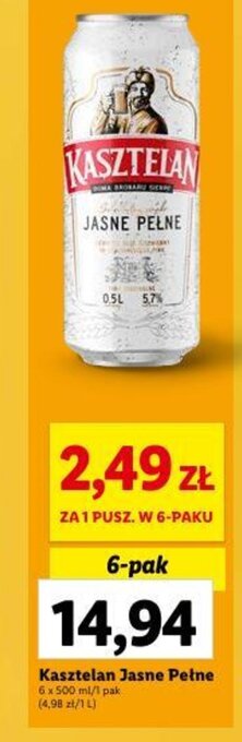 Lidl Kasztelan Jasne Pełne 6 x 500 ml oferta