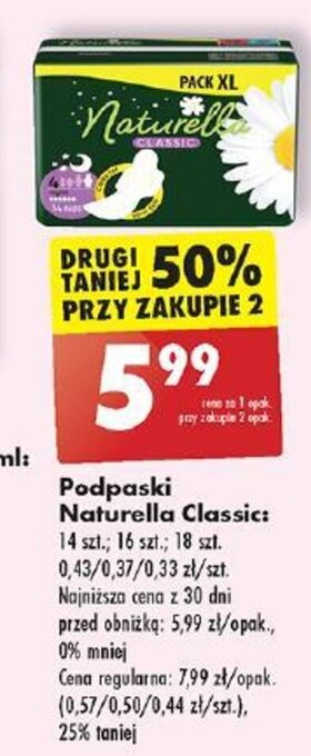 Biedronka Podpaski Naturella Classic 14 szt.-18 szt. oferta