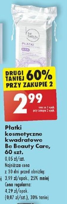 Biedronka Płatki kosmetyczne kwadratowe Be Beauty Care 60 szt. oferta