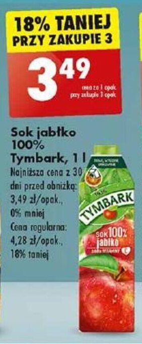 Biedronka Sok jabłko 100% Tymbark, 1 l oferta