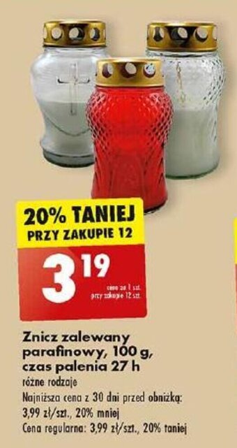 Biedronka Znicz zalewany parafinowy, 100 g, czas palenia 27 h oferta