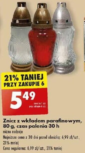 Biedronka Znicz z wkładem parafinowym, 80 g, czas palenia 30 h oferta