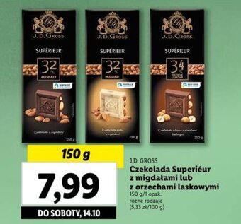 Lidl J.D. GROSS Czekolada Superieur z migdałami lub z orzechami laskowymi 150g oferta