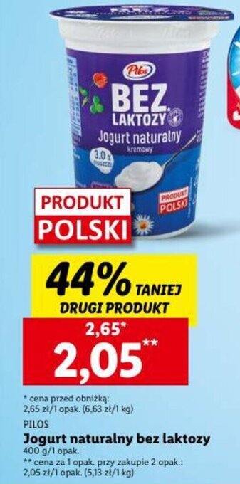 Lidl PILOS Jogurt naturalny bez laktozy 400g oferta