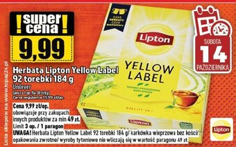 Topaz Herbata Lipton Yellow Label 92 torebki 184 g oferta