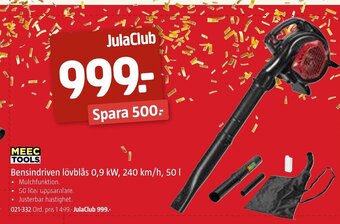 Jula MEEC TOOLS Bensindriven lövblås 0,9 kW 240 km/h 50l oferta