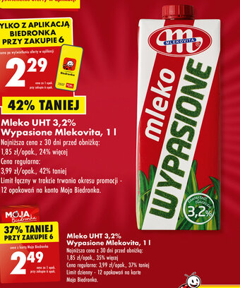 Biedronka Mleko UHT 3,2% Wypasione Mlekovita, 1 l oferta