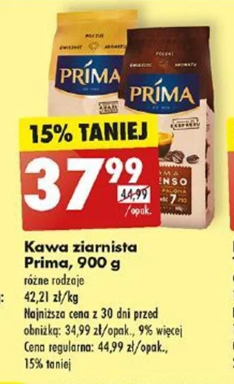 Biedronka Kawa ziarnista Prima 900 g oferta