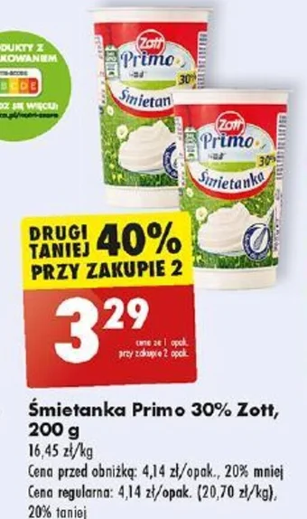Biedronka Śmietanka Primo 30% Zott 200 g oferta