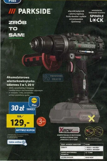 Lidl Akumulatorowa wiertarkowkrętarka udarowa 3 w 1, 20 V PARKSIDE oferta