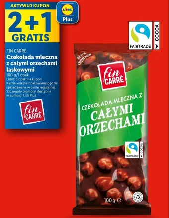 Lidl FIN CARRÉ Czekolada mleczna z całymi orzechami laskowymi 100g oferta