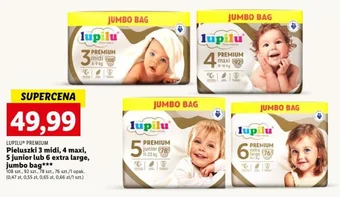 Lidl LUPILU PREMIUM Pieluszki 3 midi 4 maxi 5 junior lub 6 extra large jumbo bag 76-108szt. oferta