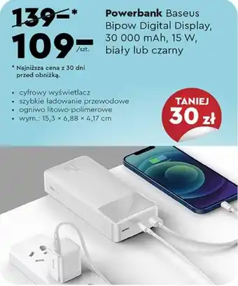 Biedronka Powerbank Baseus Bipow Digital Display, 30 000 mAh, 15 W, biały lub czarny oferta